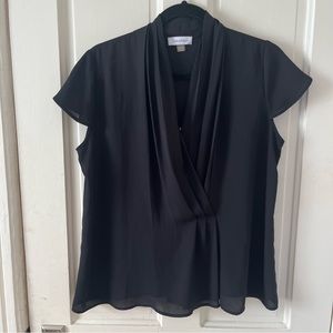 Calvin Klein womens Blouse Medium Black V Neck Pleated Neckline Cap Sleeve Top